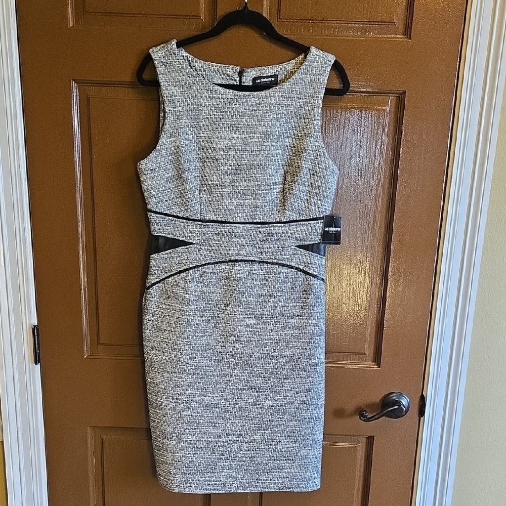 Liz Clainorne-Gray sheath dress with faux leather accents at waist Sz 10 NWT